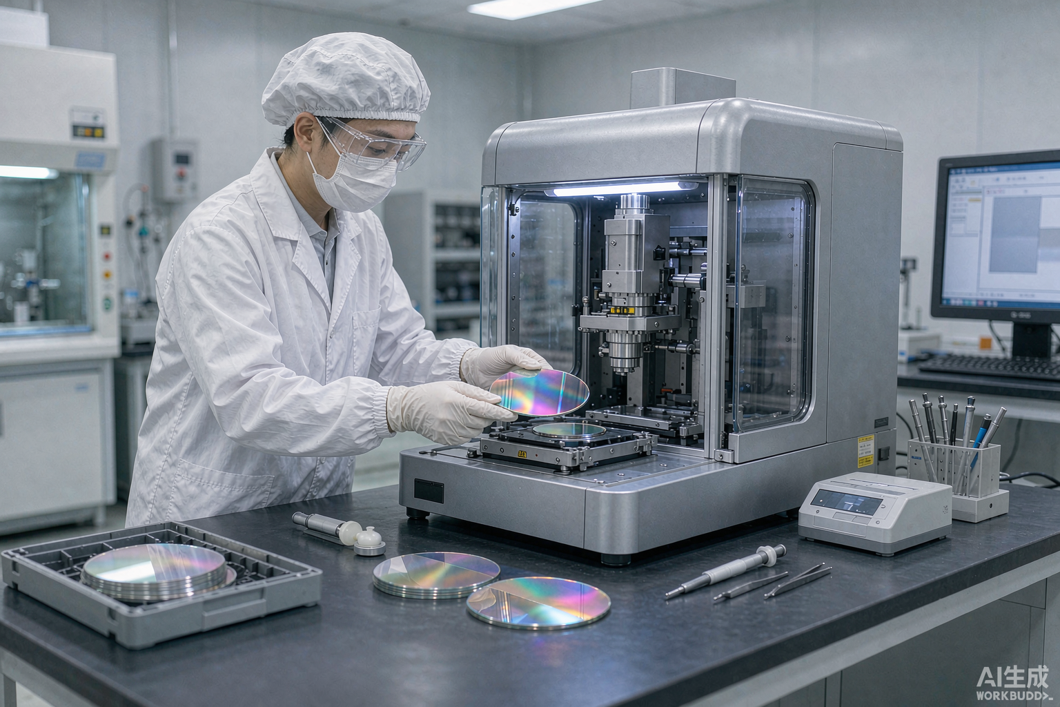 研究员将化合物晶圆放入半自动晶圆刻字设备的手动上料工位