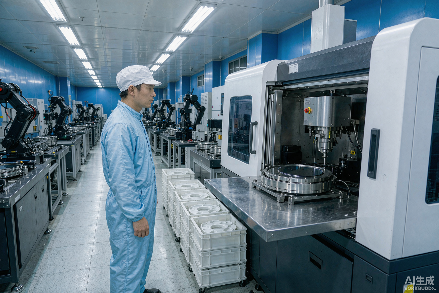 工艺工程师在晶圆刻字设备前核对量产节拍与片盒流转