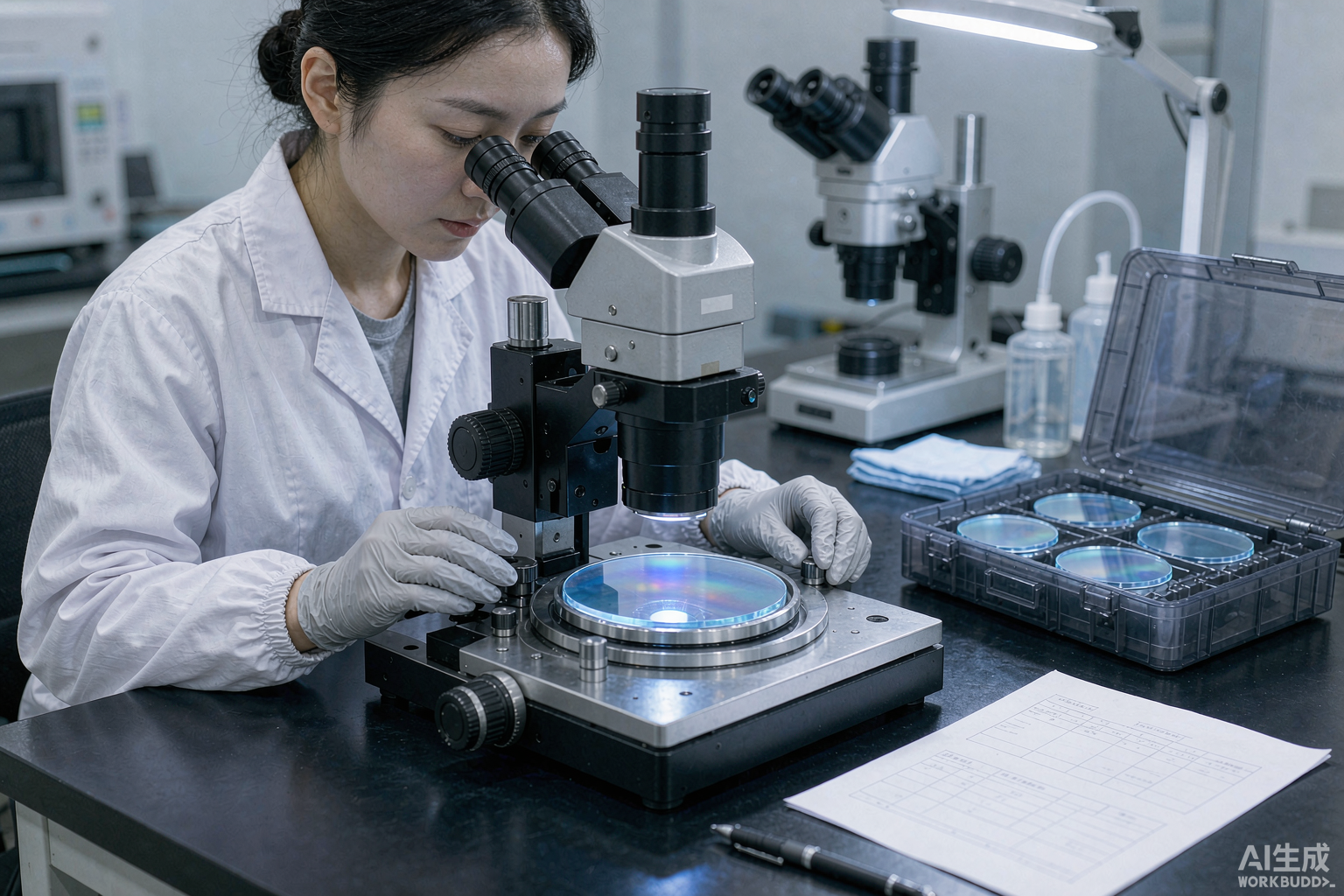 工艺工程师用显微镜复检蓝宝石打样样片并核对报告