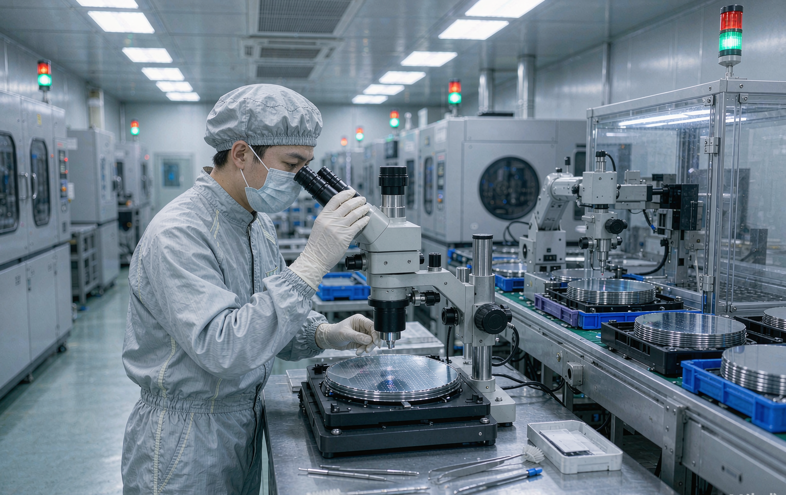 车规芯片洁净产线上工程师在显微镜工位检查晶圆追溯标记