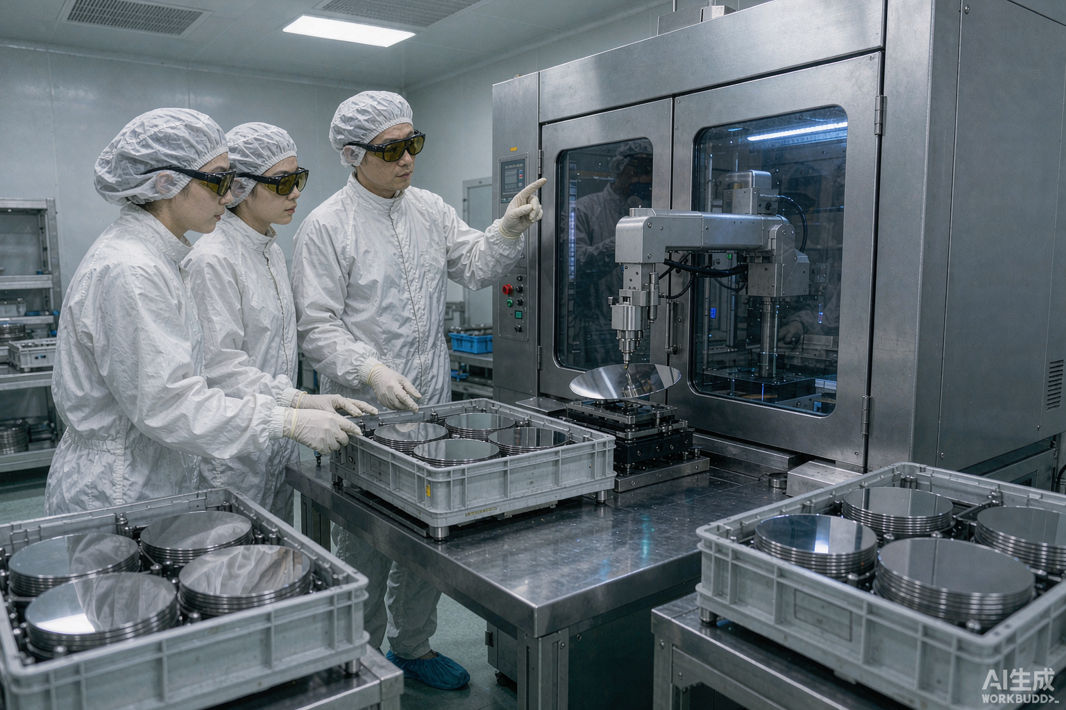 培训讲师在晶圆刻字机旁指导操作员进行安全上下料