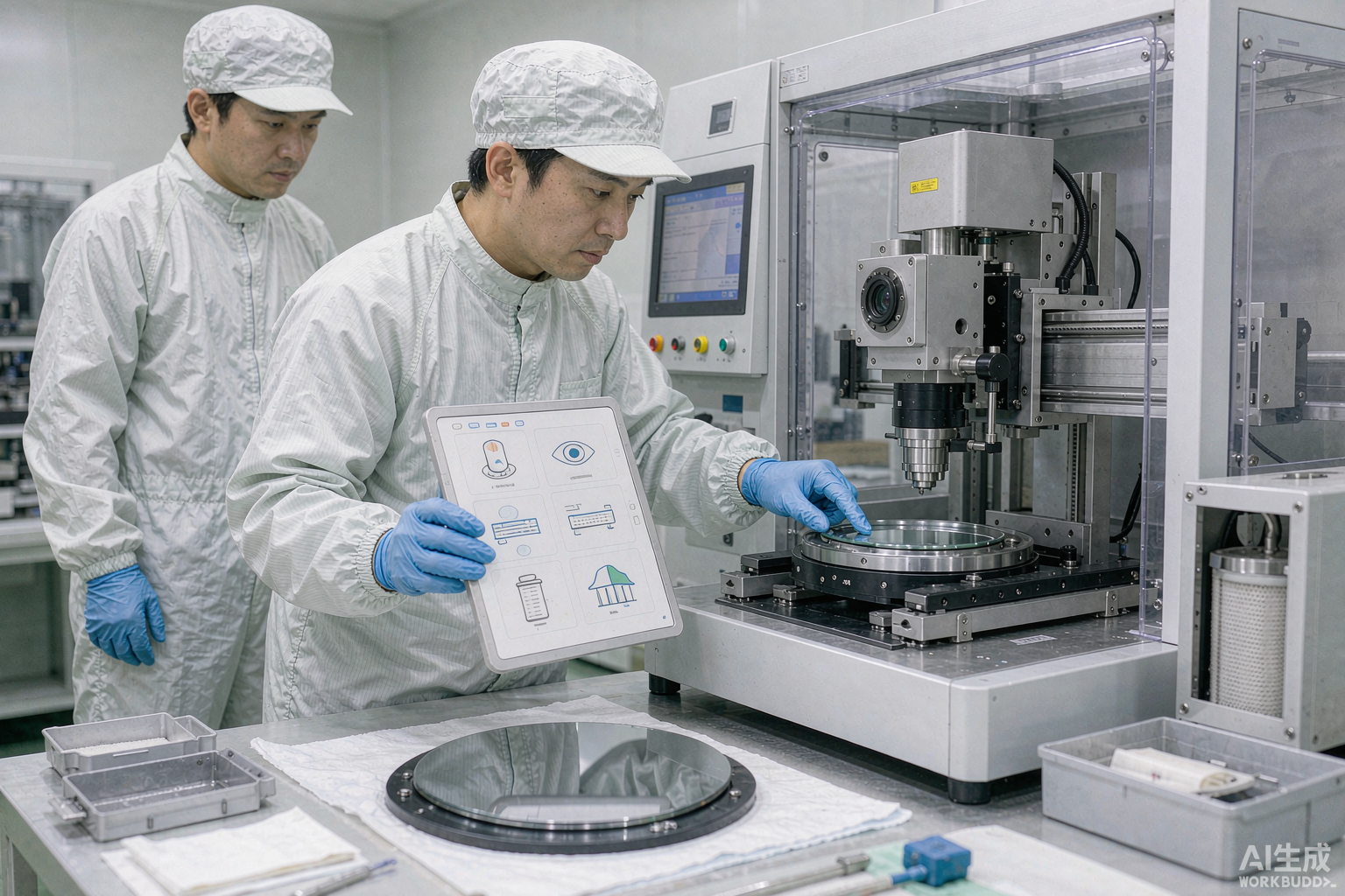 操作员对照点检表检查真空吸盘视觉模组与洁净状态
