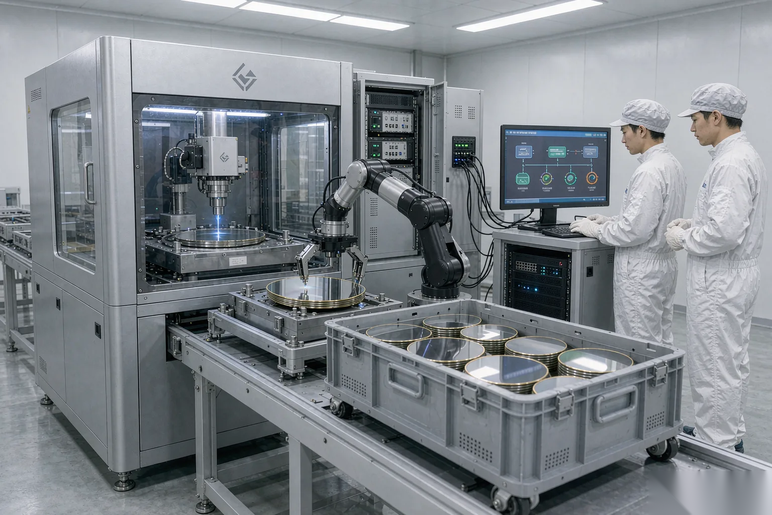 帝耐晶圆刻字机对接 FOUP 做自动上下料的产线实景