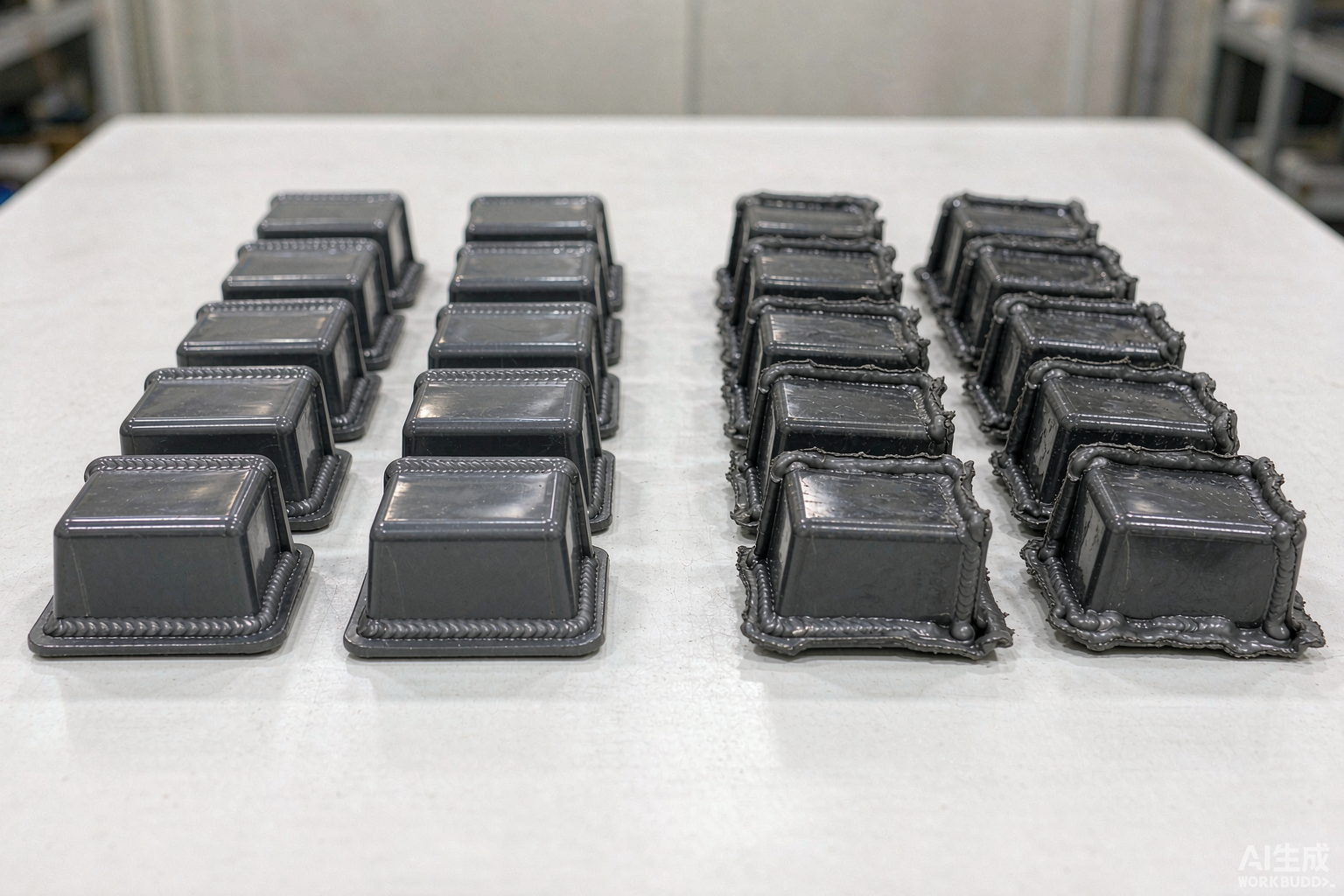 帝耐激光工作台上的合格件与外观溢料不良件并排摆放对比