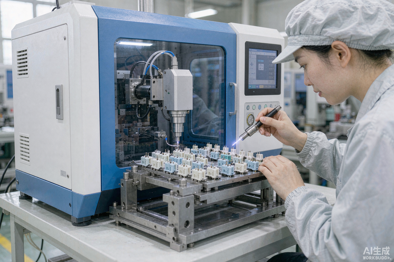 帝耐激光电子连接器焊接工位，白蓝设备夹具排列小型塑件