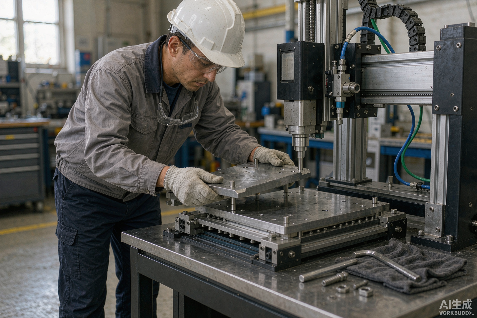 帝耐激光工程师更换塑料焊接机夹具，定位销对准基准板