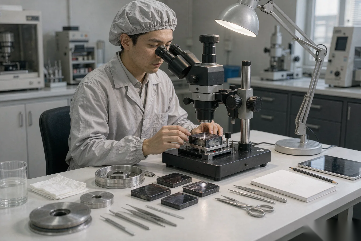 帝耐激光工程师用显微镜观察车灯拐角焊缝剖面,确认无微裂